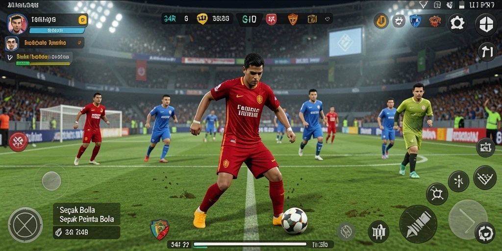 Screenshot gameplay menampilkan pertandingan sepak bola yang intens dan seru.