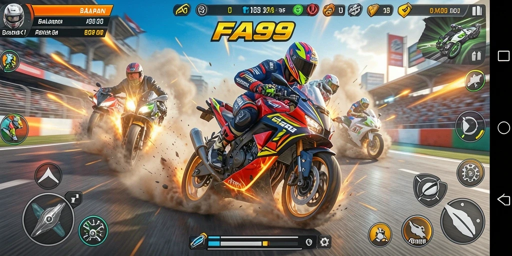 Tangkapan layar gameplay FA99 menampilkan aksi balapan motor yang seru.