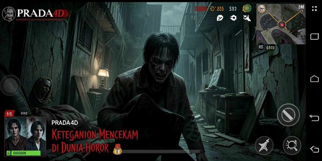 Screenshot gameplay PRADA4D yang menampilkan suasana horor yang menegangkan.