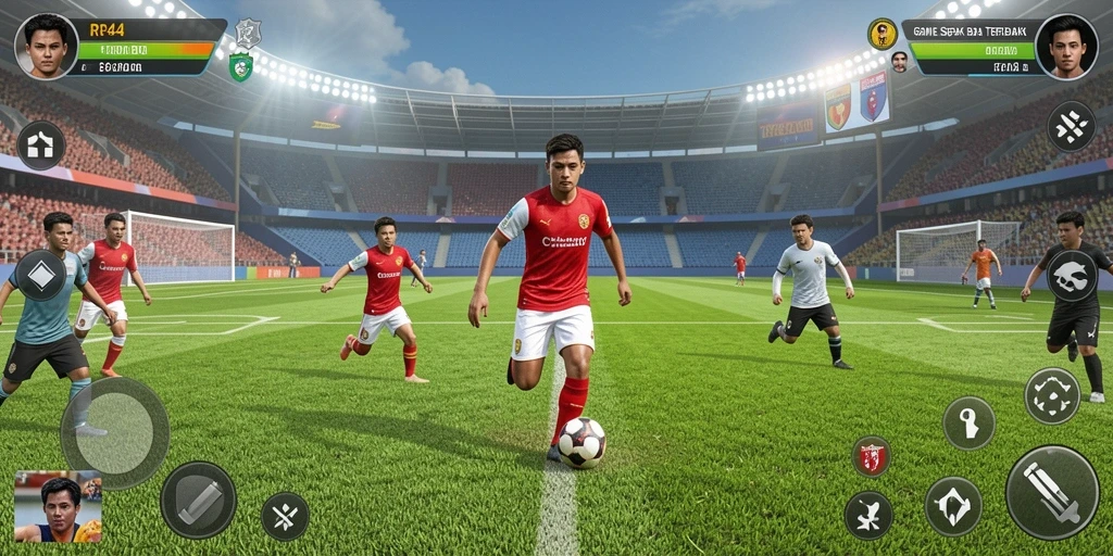 Tampilan gameplay mendebarkan dalam RR44 dengan aksi sepak bola yang seru.