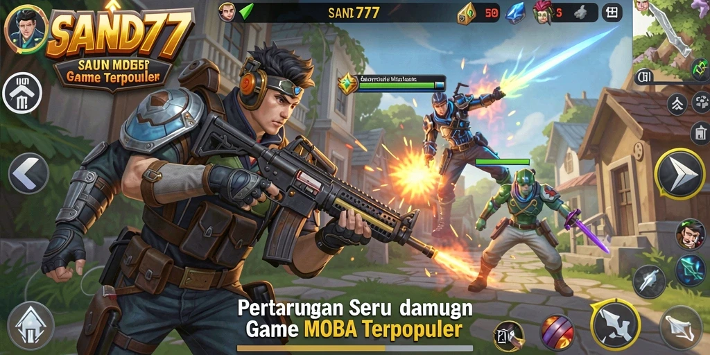 Tampilan seru dari gameplay SAND77 dalam arena MOBA.