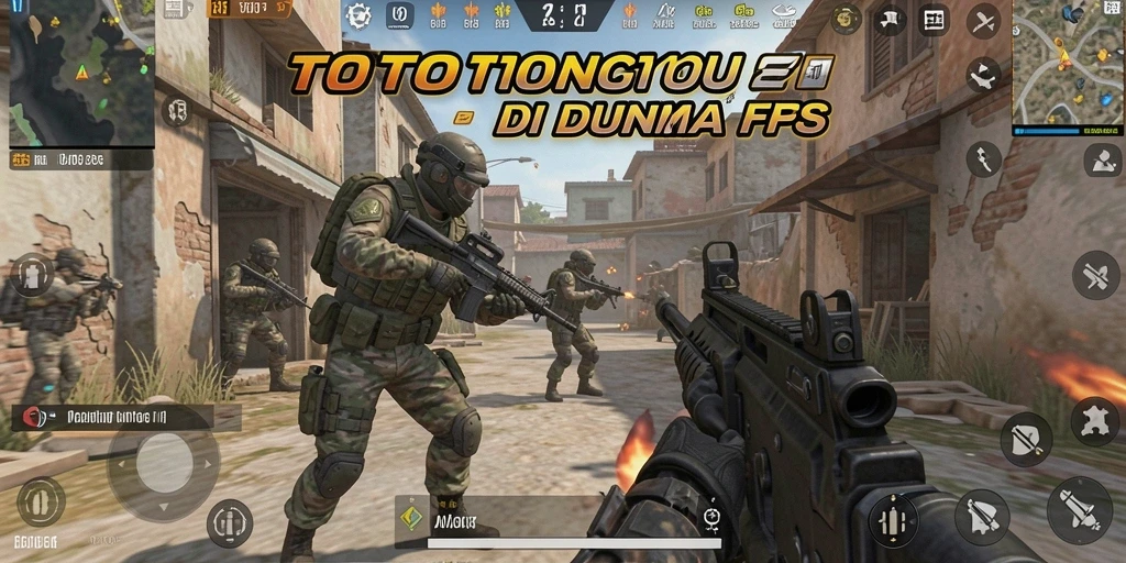 Screenshot menunjukkan karakter bertempur dalam pertempuran FPS yang seru.