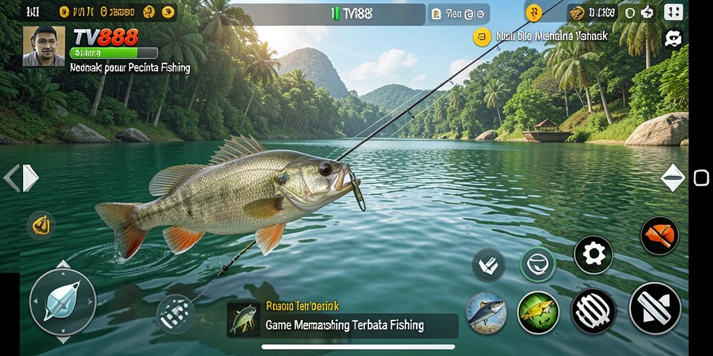 Tampilan gameplay TV888 dengan berbagai ikan dan alat memancing yang unik.
