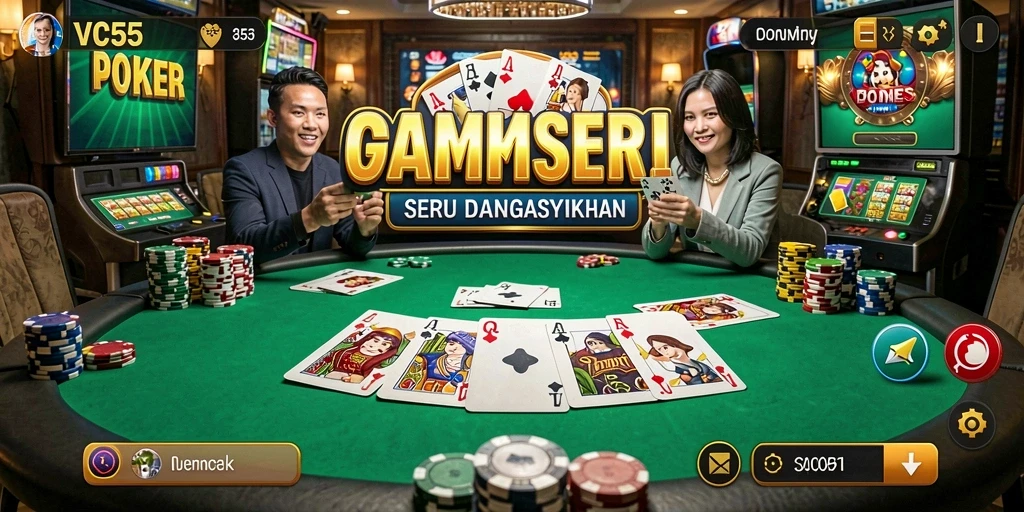 Screenshot gameplay VC55 menunjukkan momen intens permainan poker.